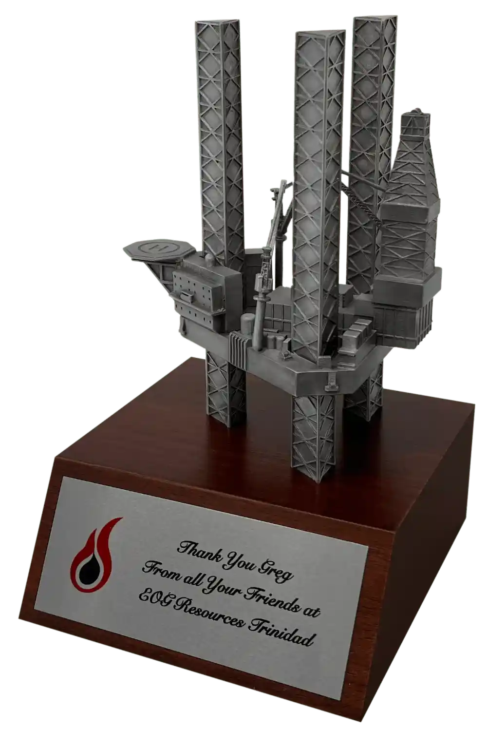 Handcrafted pewter jack up rig offshore oil rig award on cherry wood base with custom engraving – oil rig gifts for drilling crews