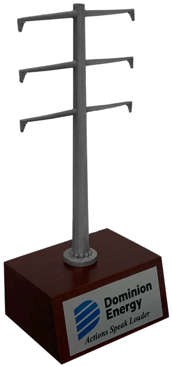 Custom electricity transmission monopole award trophy gift made in the USA for linemen and utility recognition