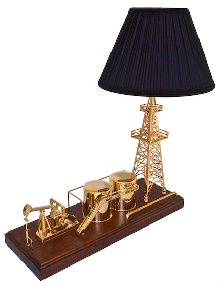 Oil well pump jack with derrick lamp gold plated executive gift