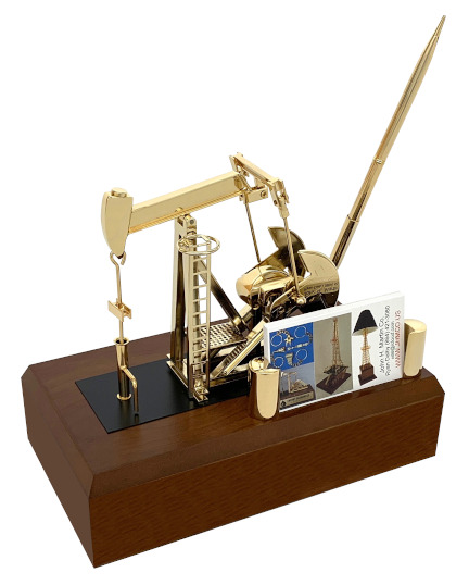 Oilfield deal toy gold pump jack business card holder oil well model with pen