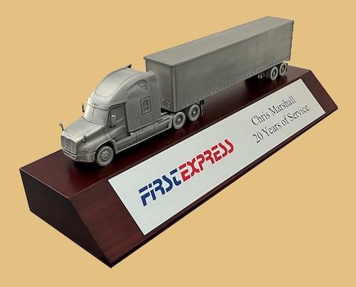 Trucking award for truck drivers cast from high detail pewter semi with dry van