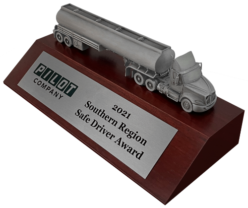 Hand-made petroleum hauler truck award handcrafted in the USA from solid pewter featuring a highly detailed day cab semi with fuel tanker trailer for employee recognition, safe driving awards, retirement, and years of service